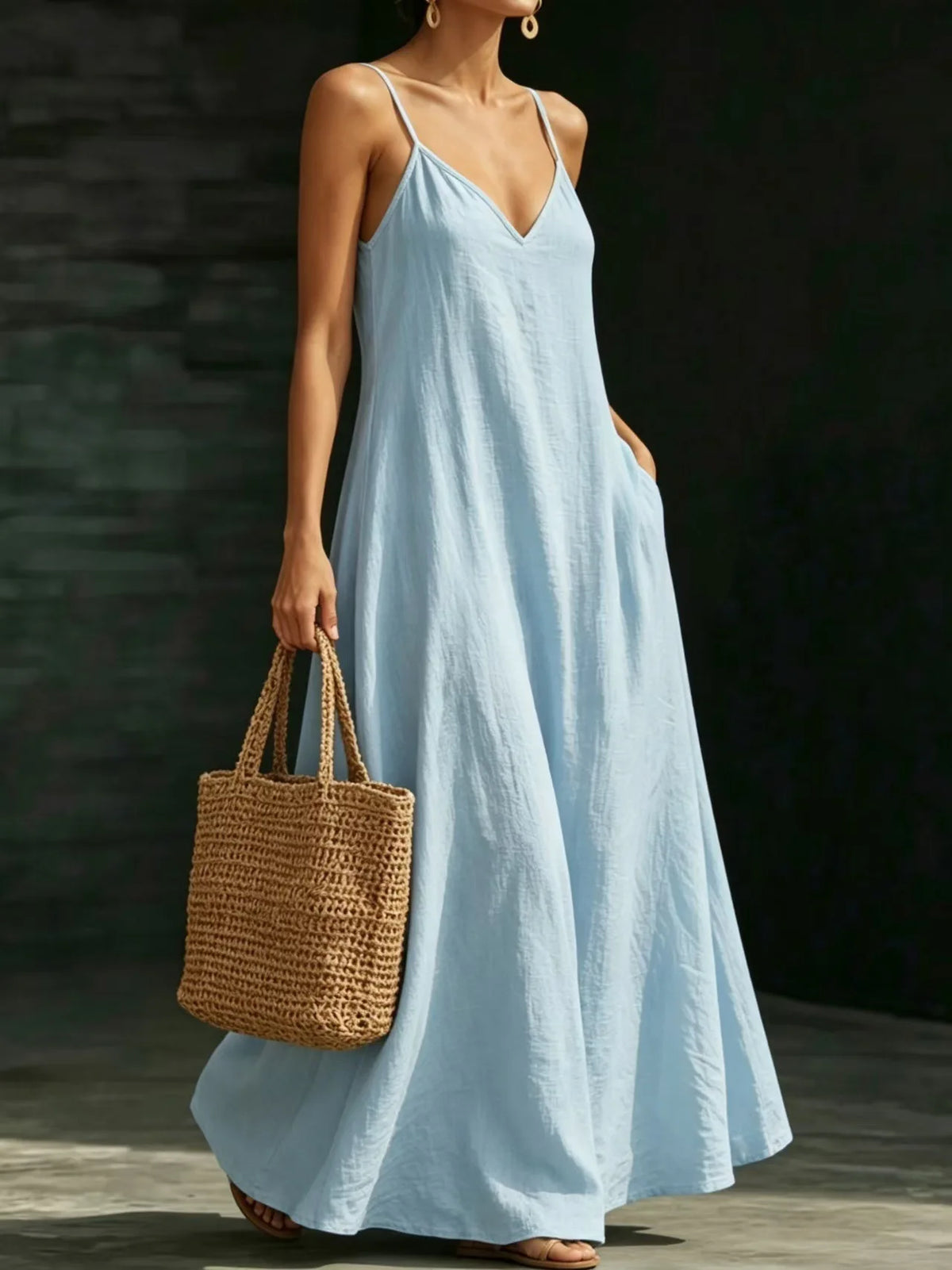 Women Linen Spaghetti Strap Maxi Dress V Neck Loose Swing Long Dress With Pockets Casual Summer Beach Vacation Sundress Ladies