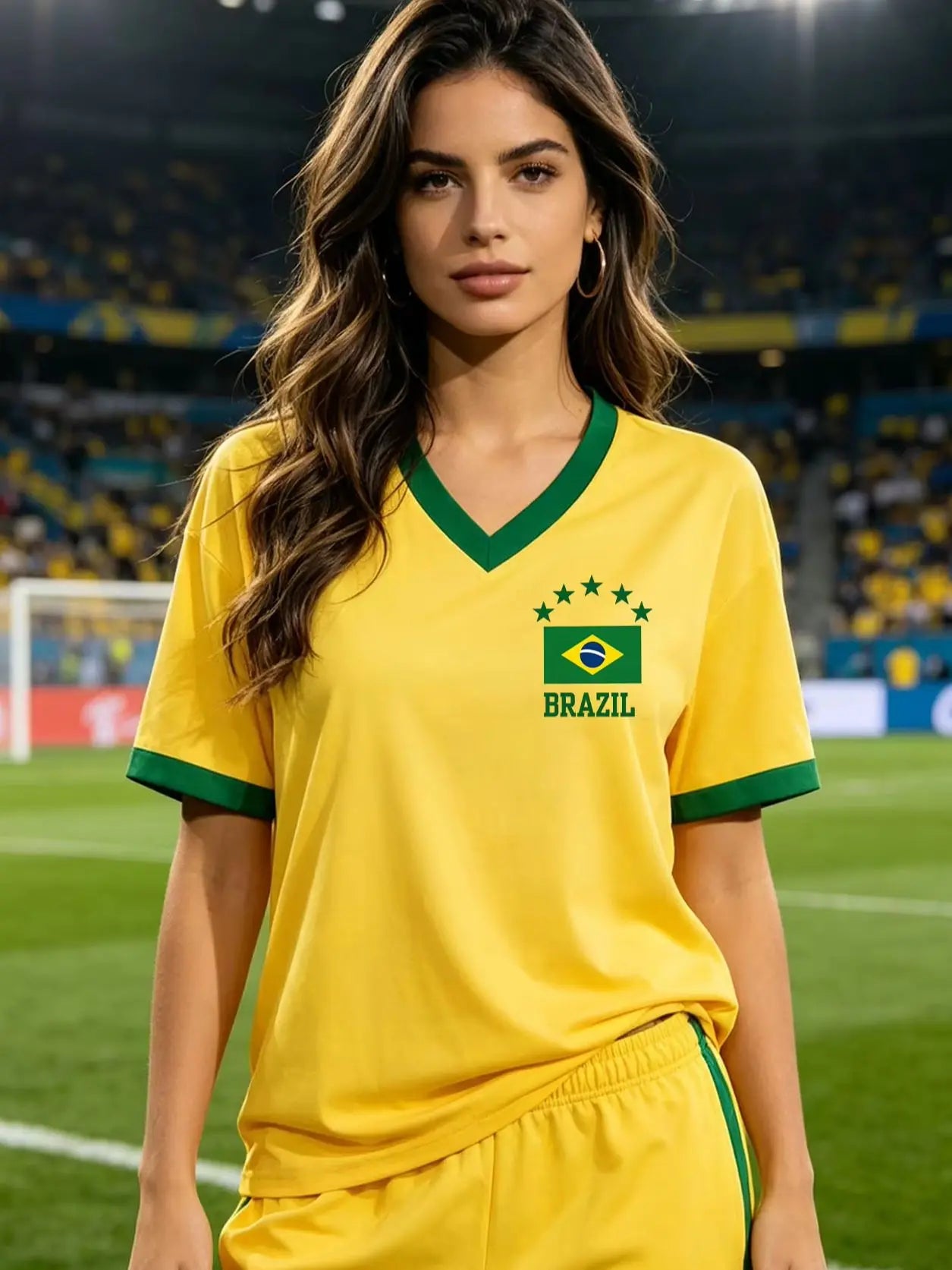 Women’s Brazil Flag Soccer Print T-Shirt - تيشيرت نسائي بطباعة علم البرازيل لكرة القدم