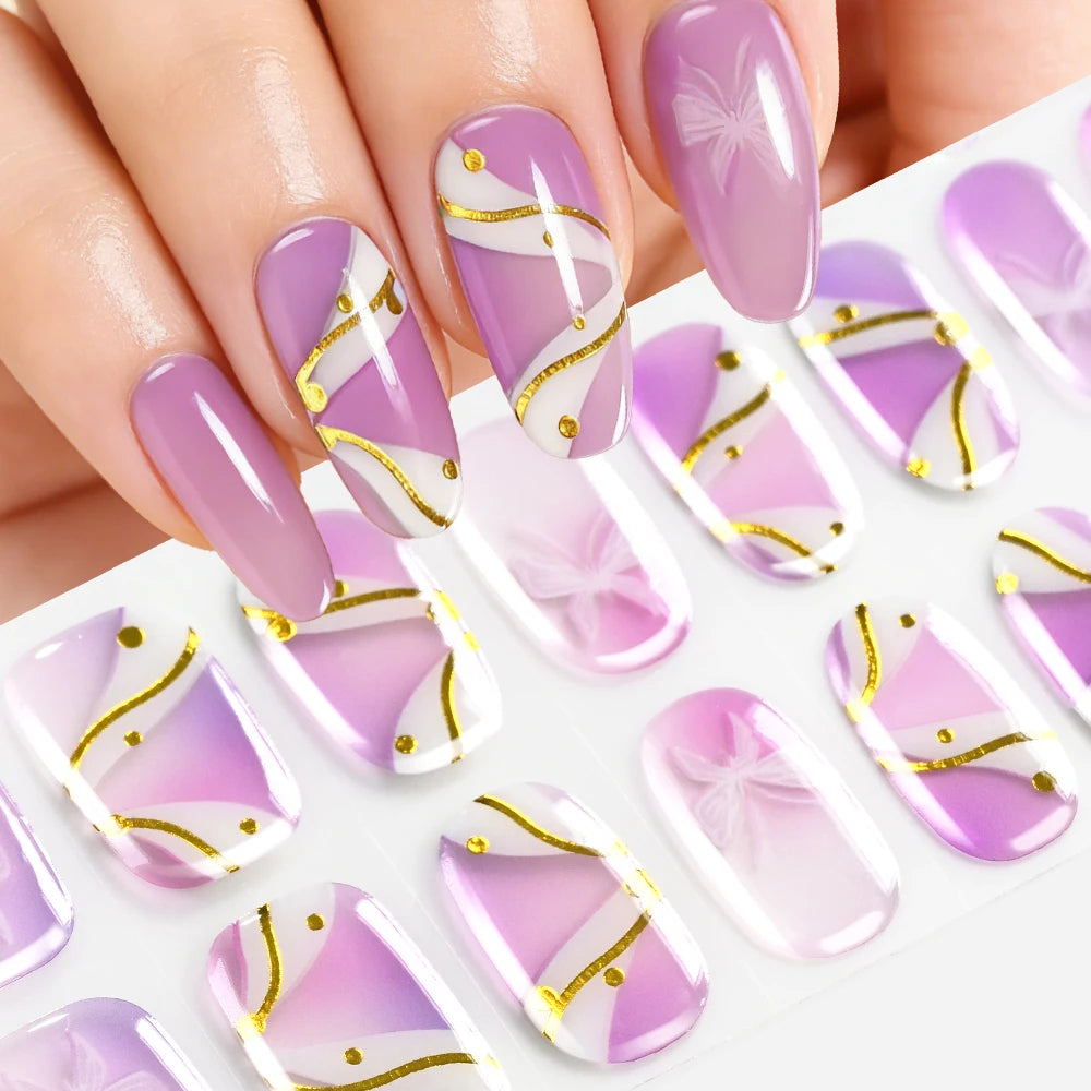 16Tips Gradient Semi Cured Gel Nail Strips Blush Flower Design Full Wrap Nail Decals French Gold Lines Gel Nail Polish Sticker