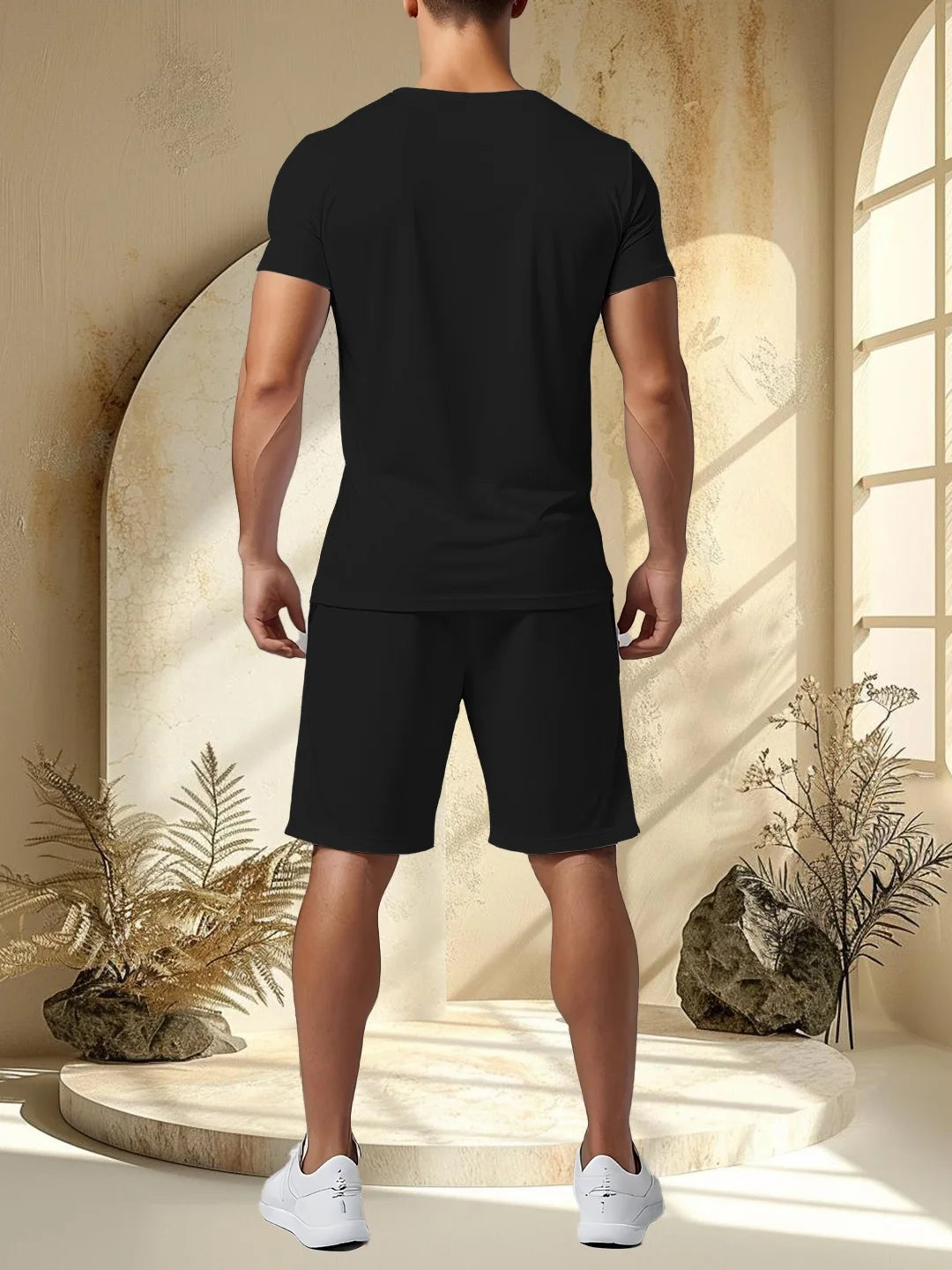 Men's printed two-piece fashionable casual round neck short sleeved T-shirt and drawstring shorts spring/summer sports suit men'