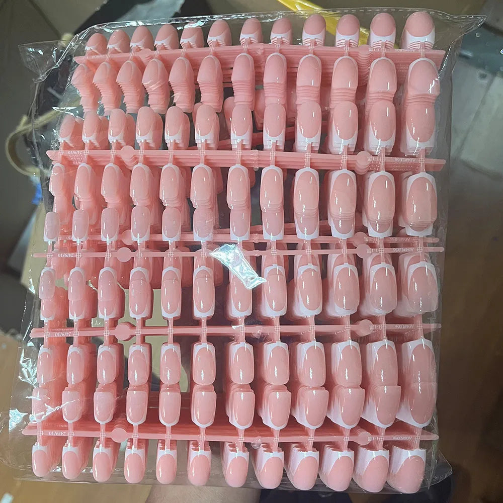120Pcs Glossy Medium Coffin Press On Nails Pink Gradient French Fake Nails Acrylic Full Cover Ballerina False Nails For Women