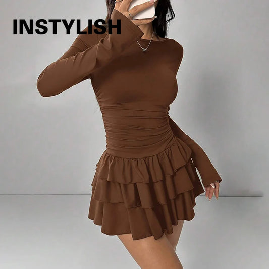 Women Elegant Long Sleeve Ruffle Mini Dress Crew Neck Ruched Waist Slim Fit Bodycon Short Dress Party Club Casual Vestidos