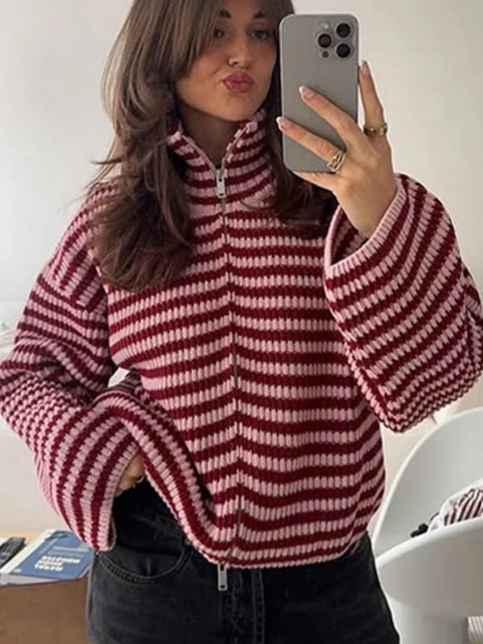Women's Striped Knitted Cardigans Casual Loose Fit Turtleneck Zipper Sweater Coat 2026 Autumn Winter Female Knitwear Streetwear