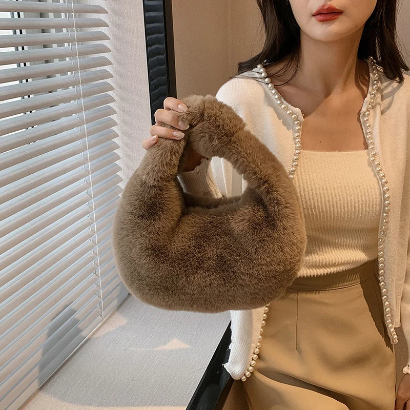 Solid Color Plush Dumpling Bag Simple Style Niche Design Faux Fur Handbag Tote Small Women's Underarm Hobo Bag