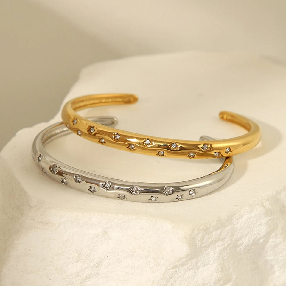 ZAKOL Trendy Stainless Steel Five-pointed Star Zircon Inlaid Open Bracelet Versatile Non Fading Cuff Bangles Jewelry Gift