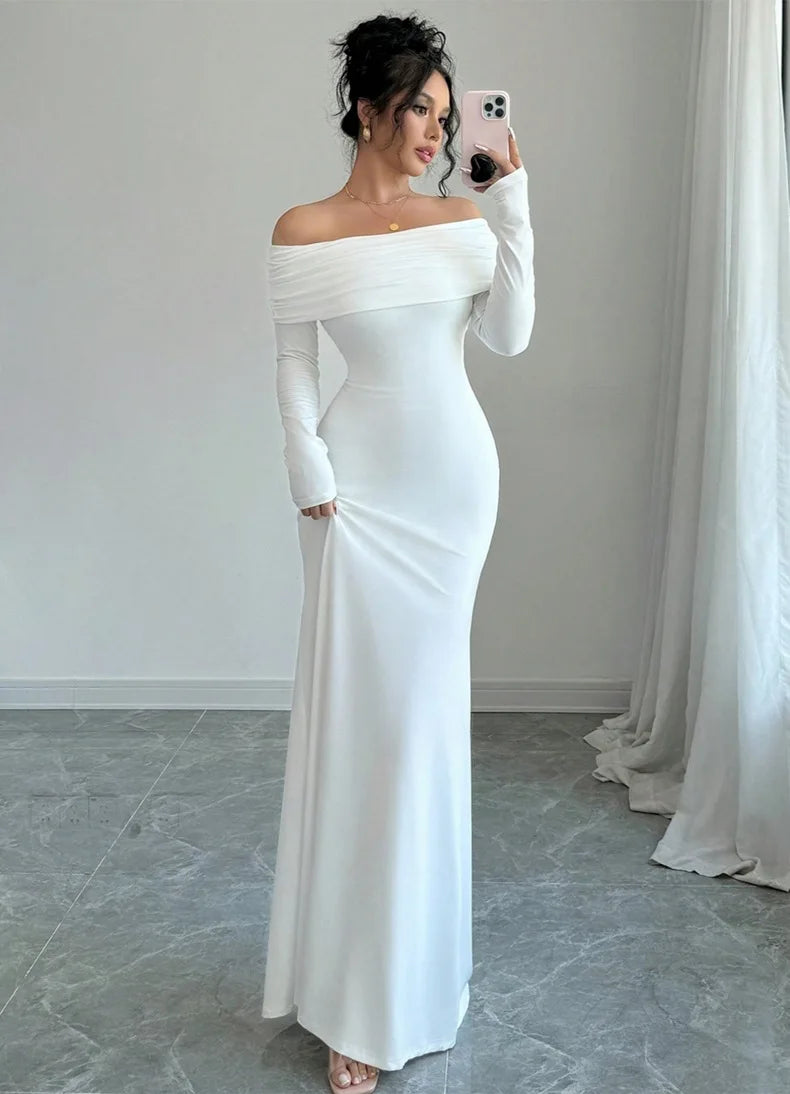 New arrival elegant women for spring season. Elegant long dress featuring a chic one-shoulder (slash neck)