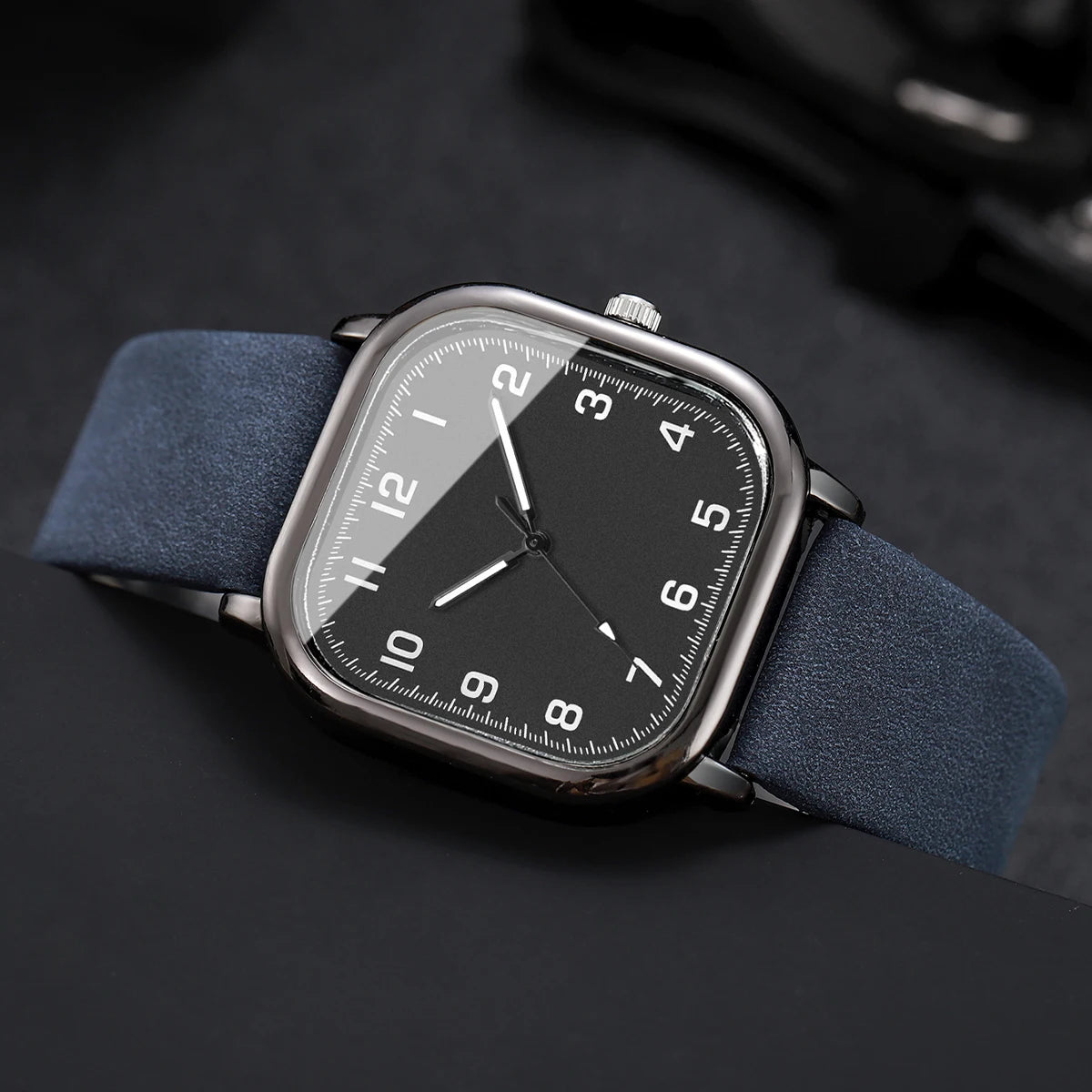 Fashion Square Arabic Men Business Watches Simple Blue Leather Band Quartz Wristwatches Clock Relogio Masculino（Without Box）