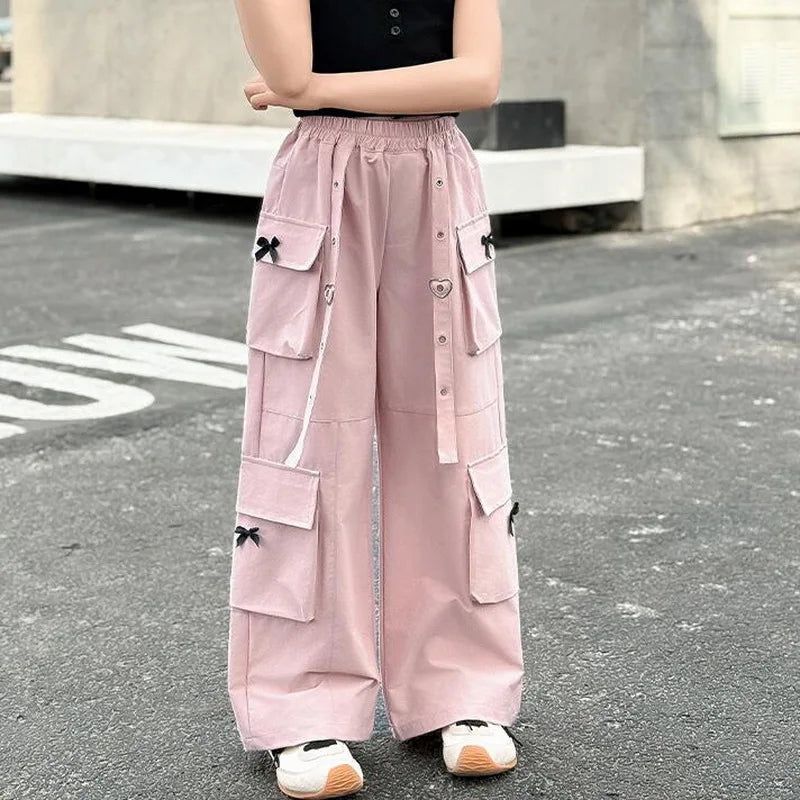 Kids Cargo Pants with Side Pocket for Tweens Girl High Fashion Hip Hop Bow Trousers Child Street  Pink Black Trackpants Hot Sell