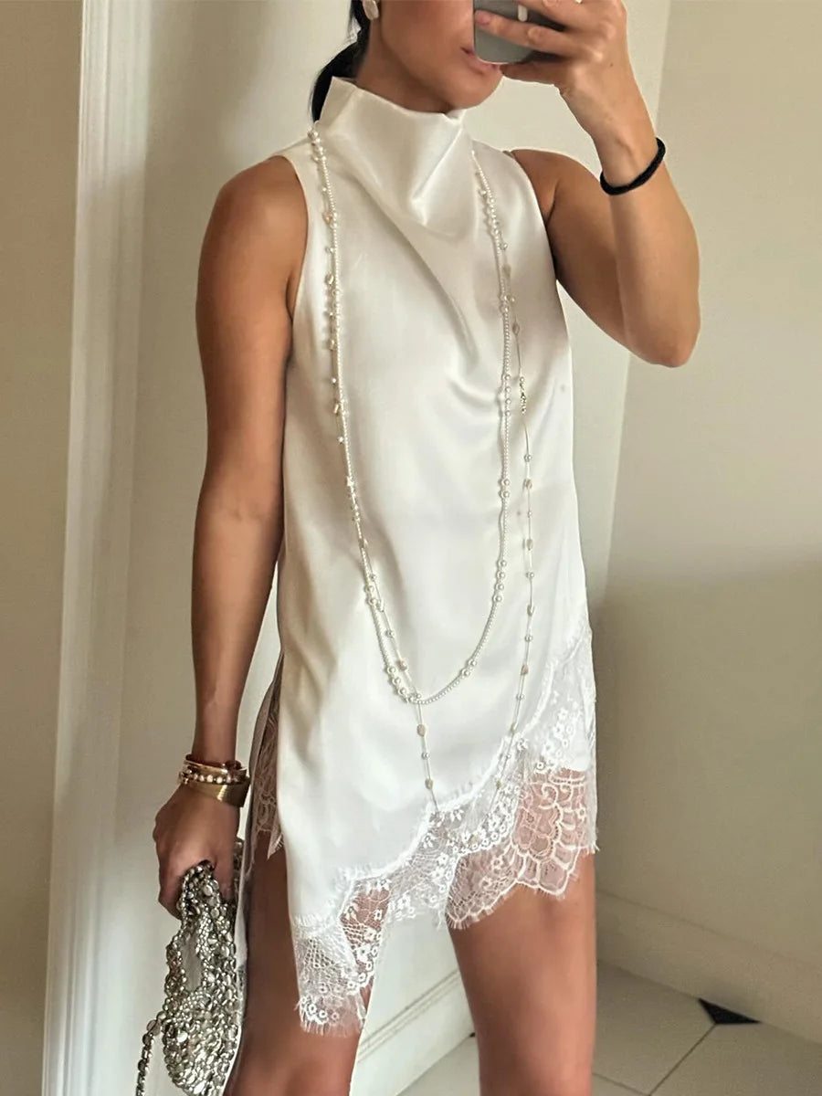 BKLD Fashion Lace Patchwork Turtleneck Vest 2026 Summer New Irregular Vest Satin Sleeveless Tops Streetwear Clothes For Women