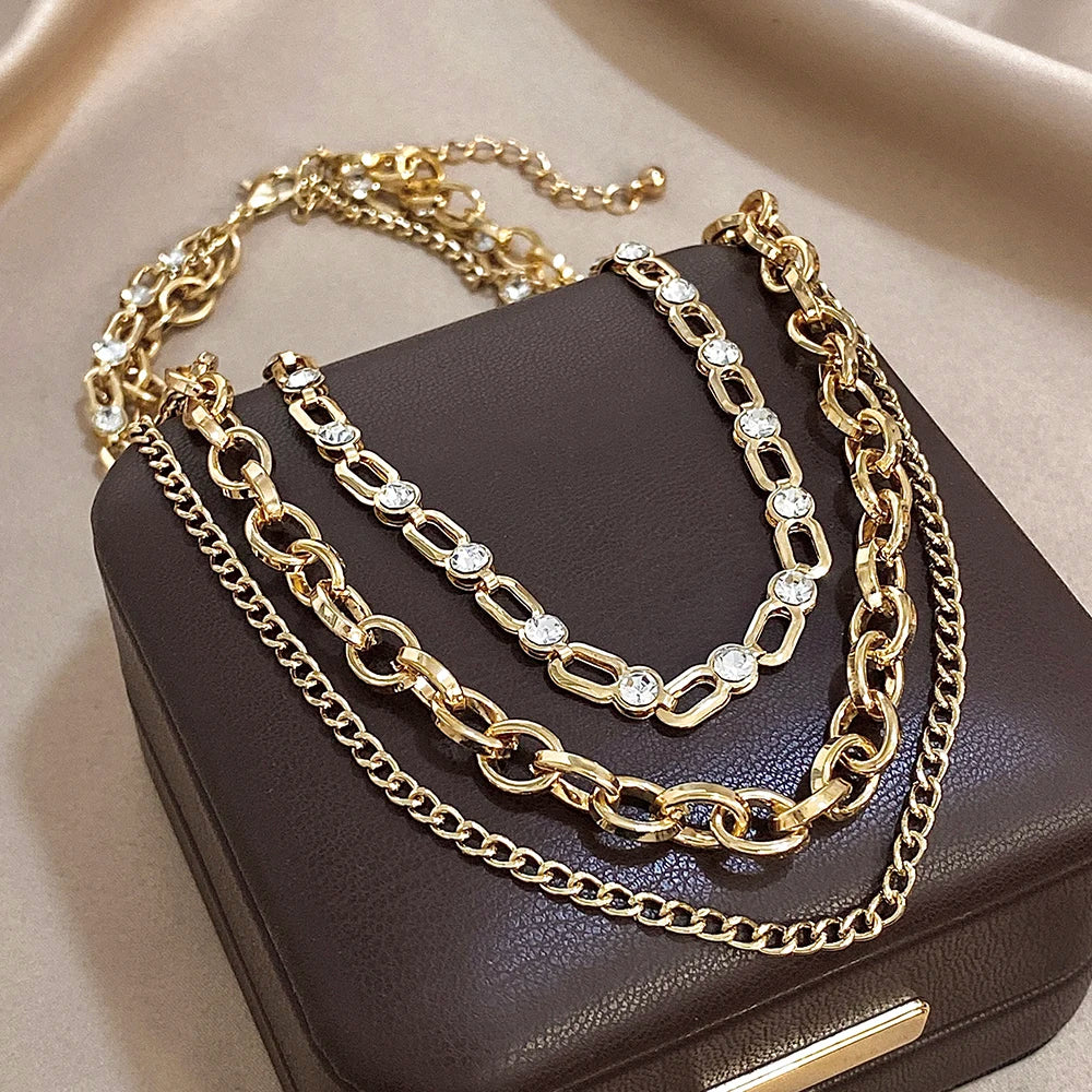 Punk Chunky Gold Color Rhinestone Multilayer Chain Choker Necklaces For Women Temperament Daily Jewelry Accessories