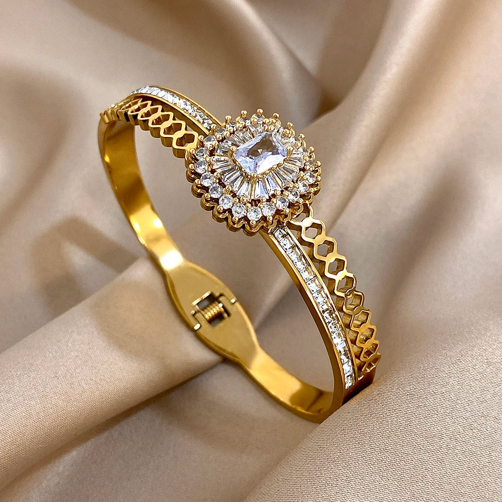 Flashbuy New Design Cubic Zircon Stainless Steel Bangles Bracelets for Women Geometric Gold Color Waterproof Fashion Jewelry