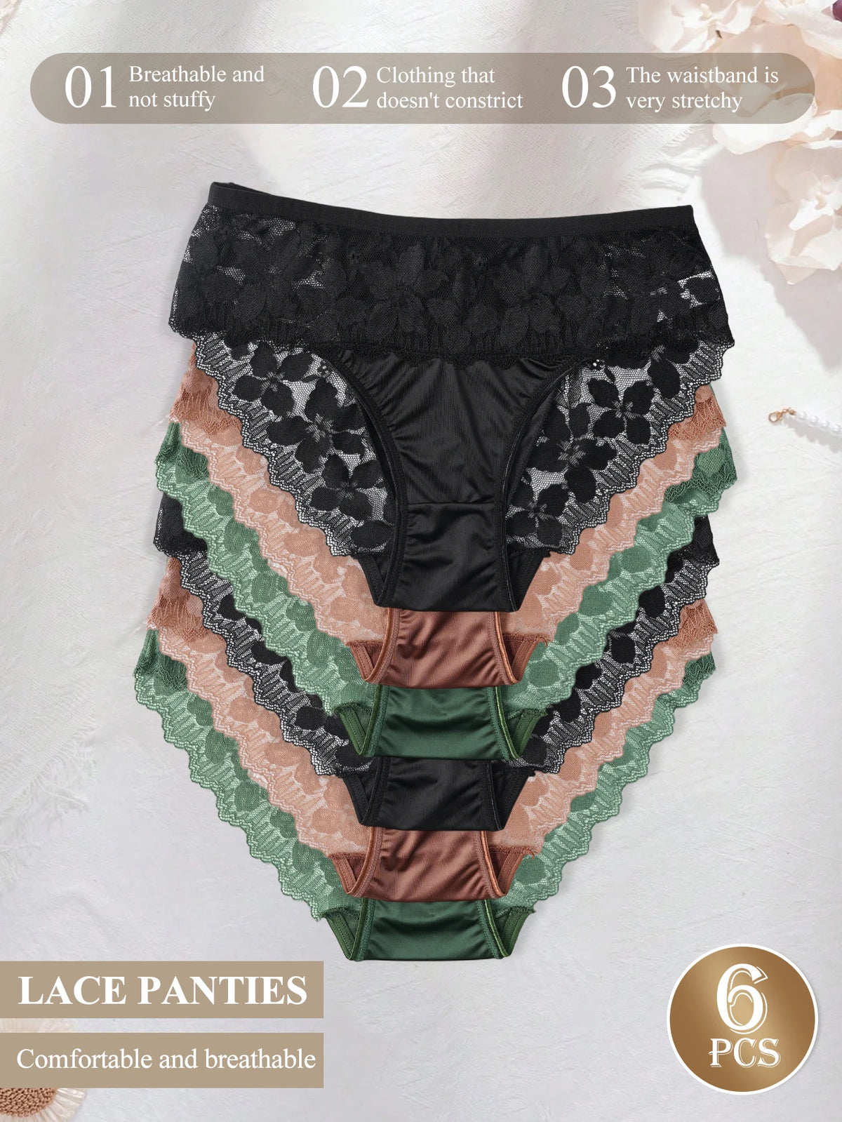 6 Pack Elegant Women's Lace Panties Solid Color Satin Mid-Rise Briefs Sexy Lace Floral Trim Breathable Ladies Underwear S-XXL ﻿