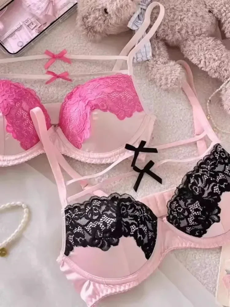 MOYISU French Lace Bralette with Bow Sweetheart Neckline Petite Bust | Natural Lift Minimalist Bra Set Sexy Yet Subtle Support