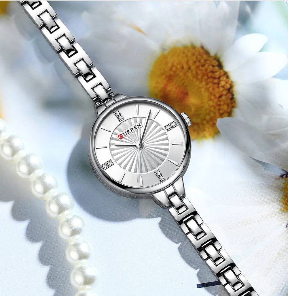 CURREN Luxurious and Elegant Round Dial with Stainless Steel Bracelet Fashion Dress Quartz Watches for Women