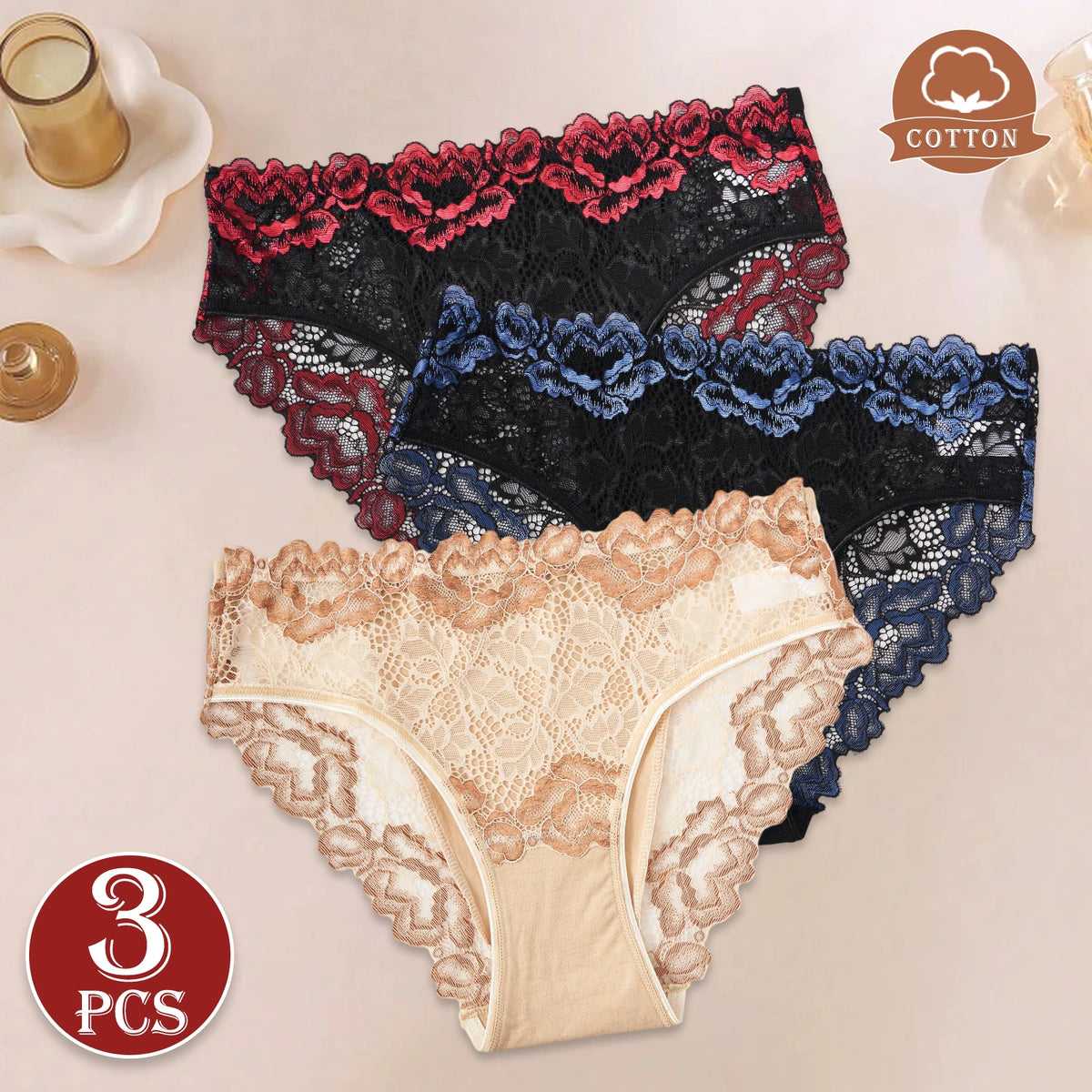 3PCS New Unique Lace Contrast Printed Trim Underwear Comfortable Breathable Women's Panties Hollow Out Sexy Briefs Lingerie