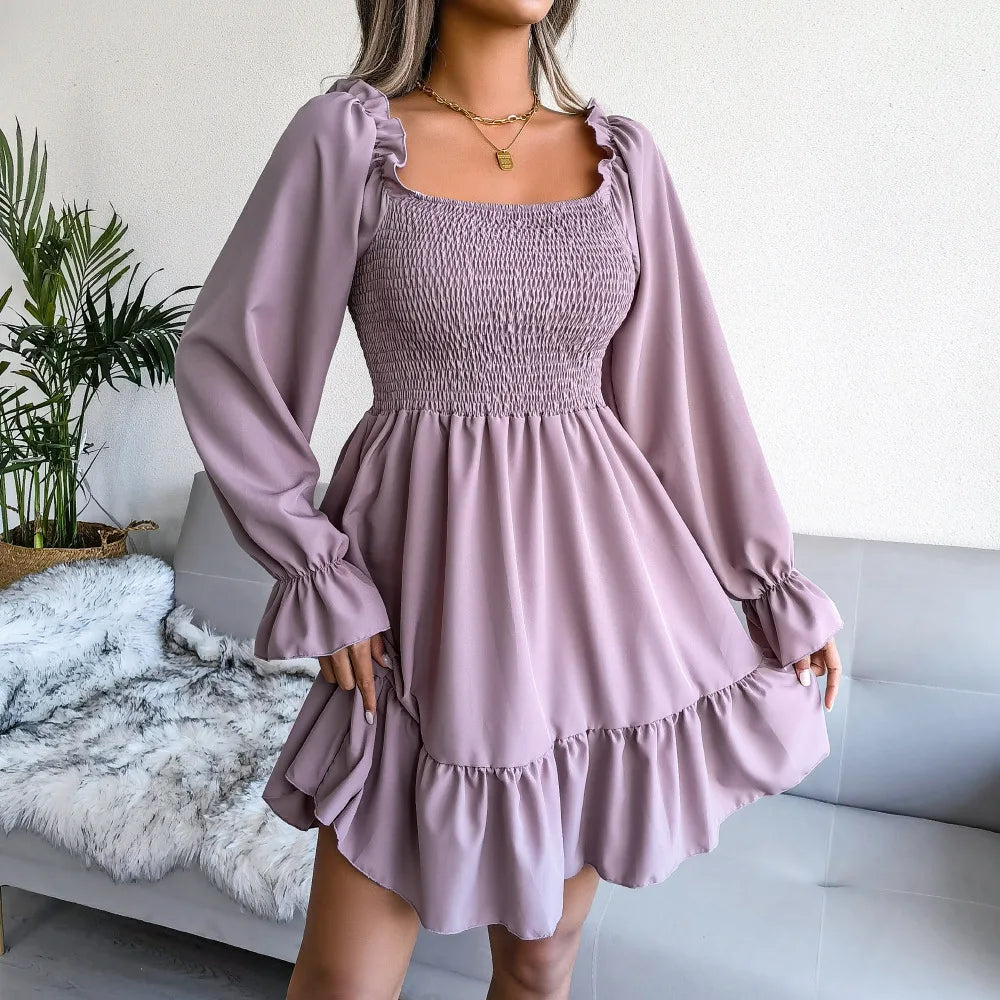 Spring Summer Casual Solid Color Square Neck Flared Long Sleeve Ruffled Dress Red Orange Green Black 2026 Fashion Woman Clothing
