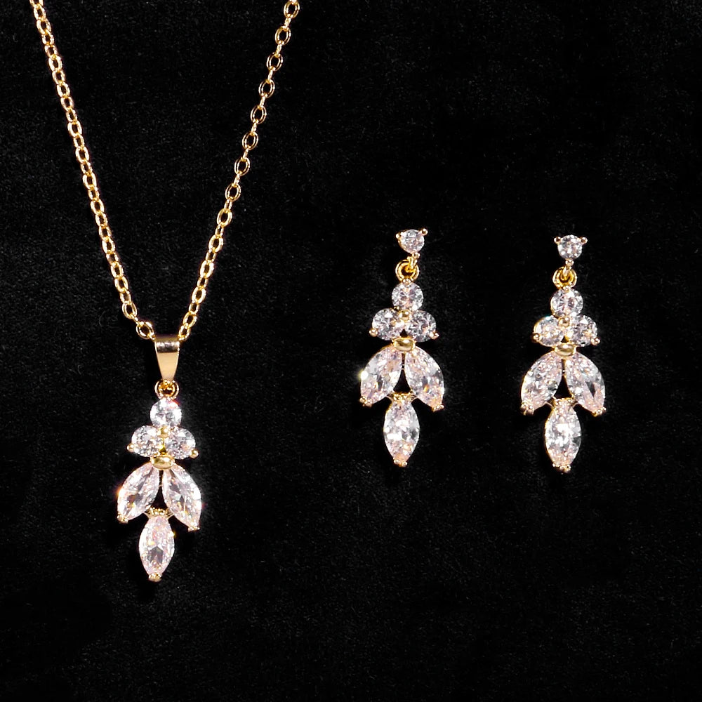 ZAKOL Classic AAA Cubic Zirconia Leaf Dangle Earrings&Necklace Set Sliver/Gold/Rose Gold Color Wedding Party Jewelry Accessories