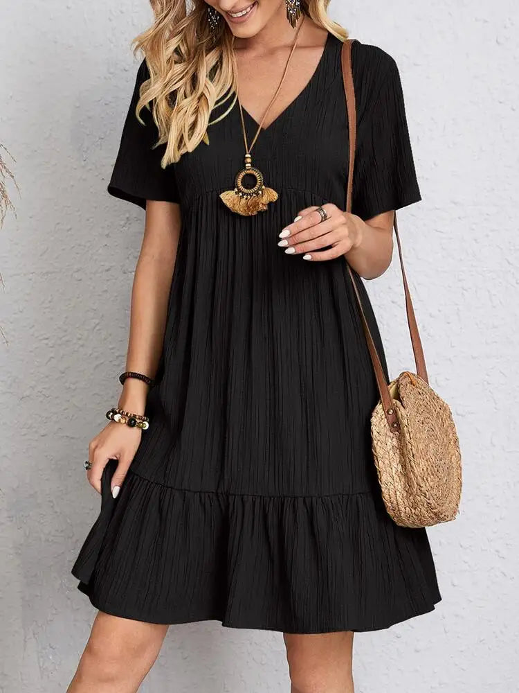 Women Elegant V Neck Ruffles Mini Dress Summer Vintage Solid Loose Sundress Bohemian Casual Solid Beach Party Vestidos