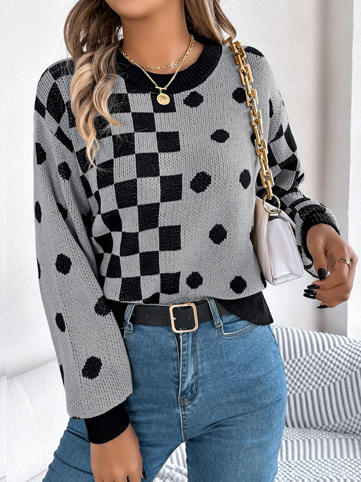  Autumn Winter Casual Contrasting Grid Dot Long Sleeve Knitted Pullover Fashion New Year and Christmas Sweater Women Clothes