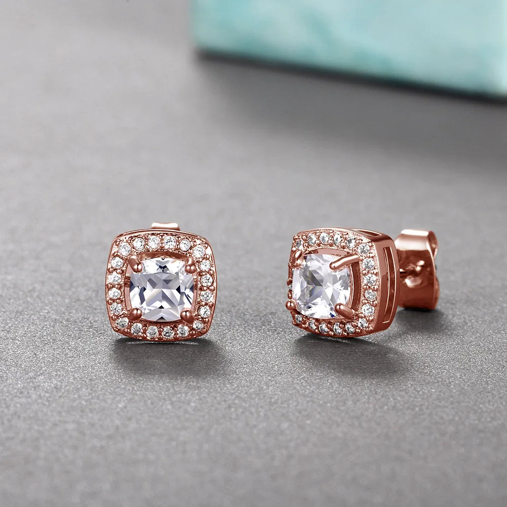 ZAKOL Classic White Square CZ Stud Earrings For Women Exquisite Round Cubic Zirconia Crystal Ear Jewelry Gift