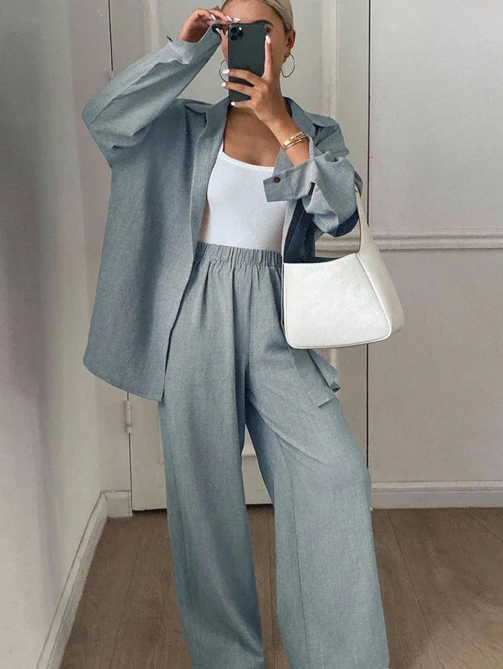 2026 New Women Linen Two Piece Outfit Set Lapel Long Sleeve Button Shirts Elastic Waist Wide Leg Pants Casual Loose Home Suit
