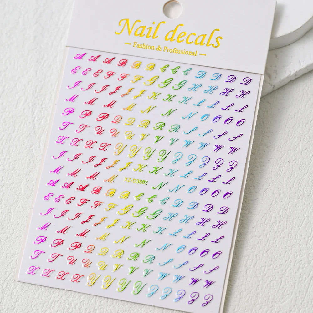 1pc Gold Silver English Letter Nail Sticker Black Laser 3D Alphabet Self Adhesive Decal English Words DIY Slider Manicure Decor
