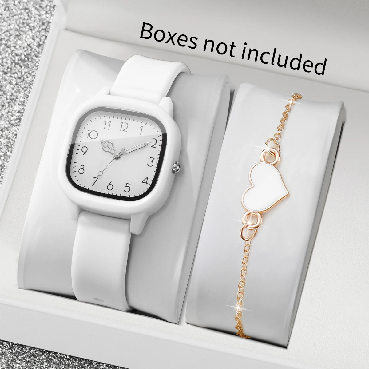 2PCS Fashion Women Watch Heart Bracelet Set Square Dial Silicone Strap Ladies Quartz Wristwatches Relogio Feminino (Without Box)