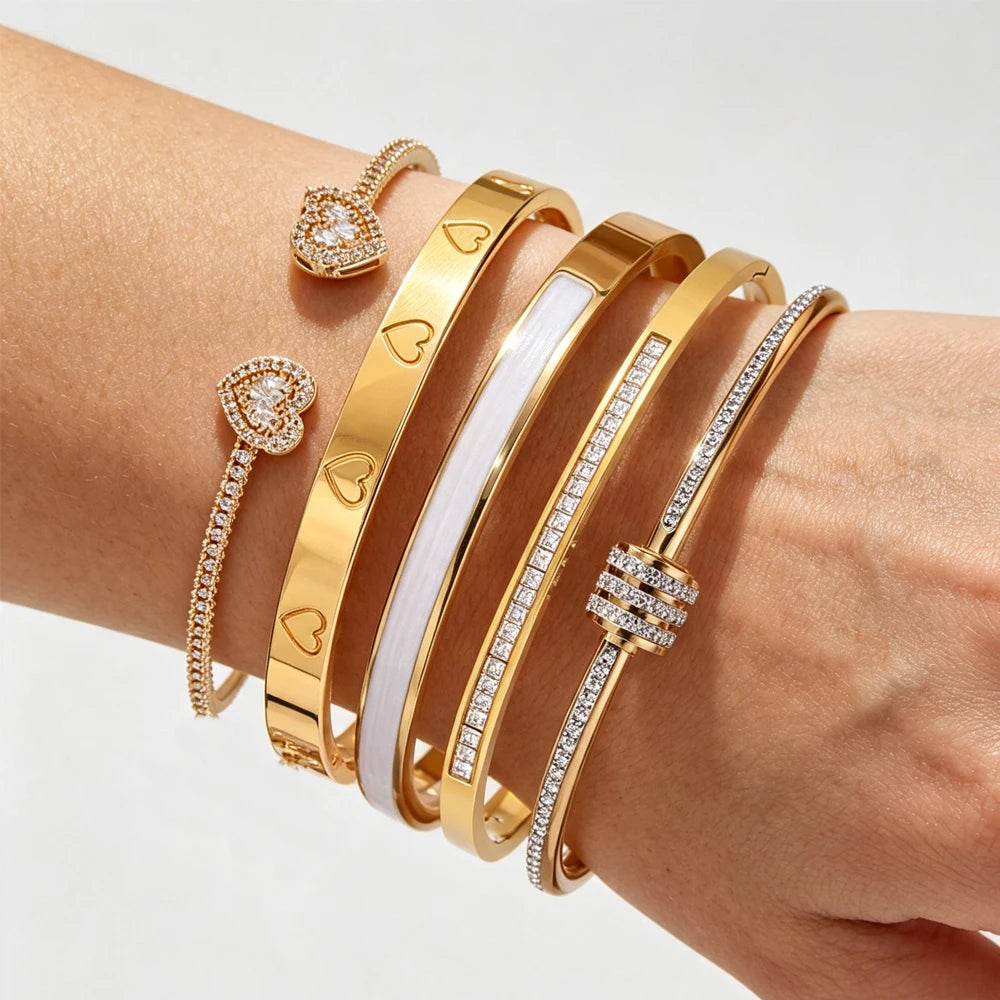 ZAKOL 5/1pcs Shiny Geometric Zirconia Inlaid Stainless Steel Copper Bracelet Set Heart CZ Stackable Bangle Jewelry Gift