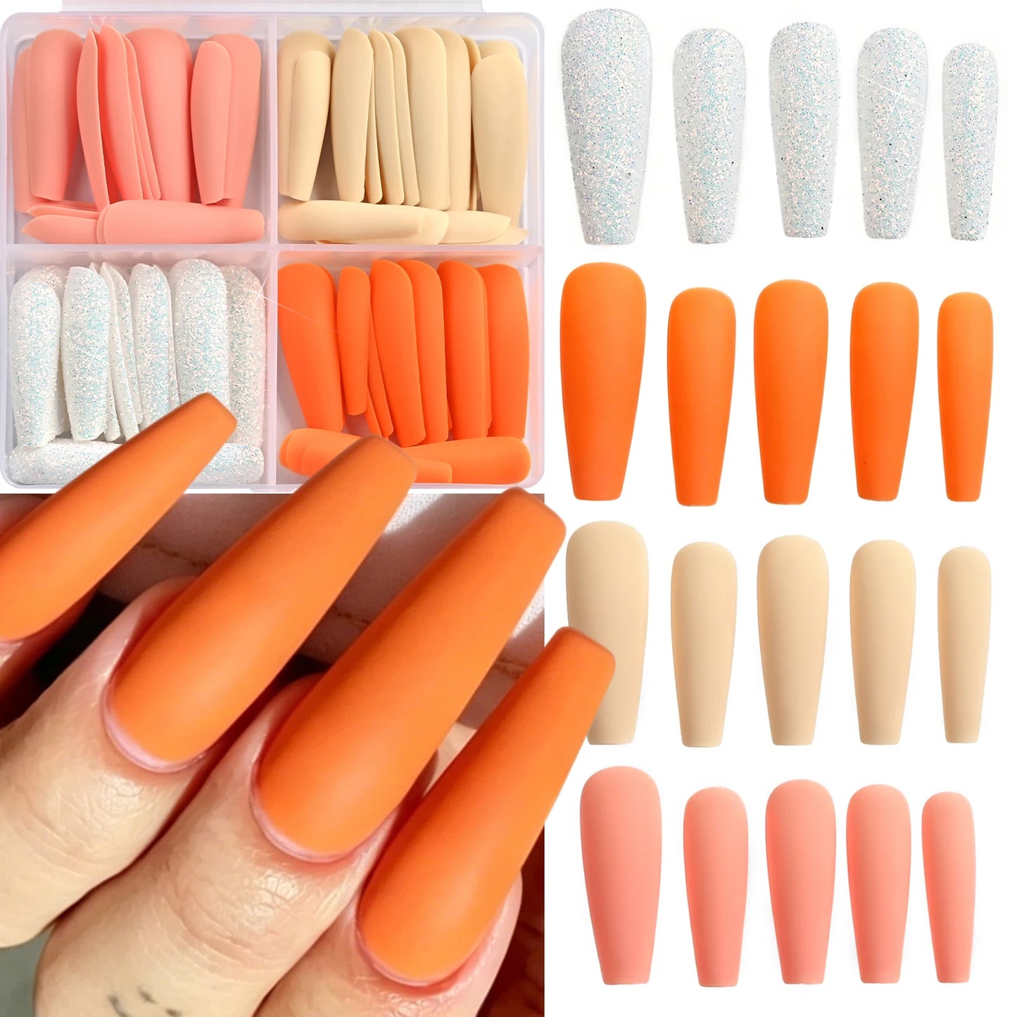 96Pcs Long Coffin Ballet Full Cover Fake Nails Square False Nails Glitter Artificial Fingernails Women Wearable Press on Nails