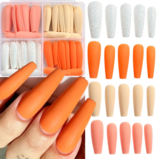 96Pcs Long Coffin Ballet Full Cover Fake Nails Square False Nails Glitter Artificial Fingernails Women Wearable Press on Nails