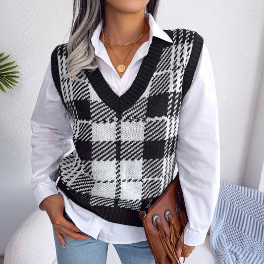 Knitted Sweater Vest for Women Autumn Winter 2026 Pretty Style Plaid Sleeveless Pullovers Knitwear