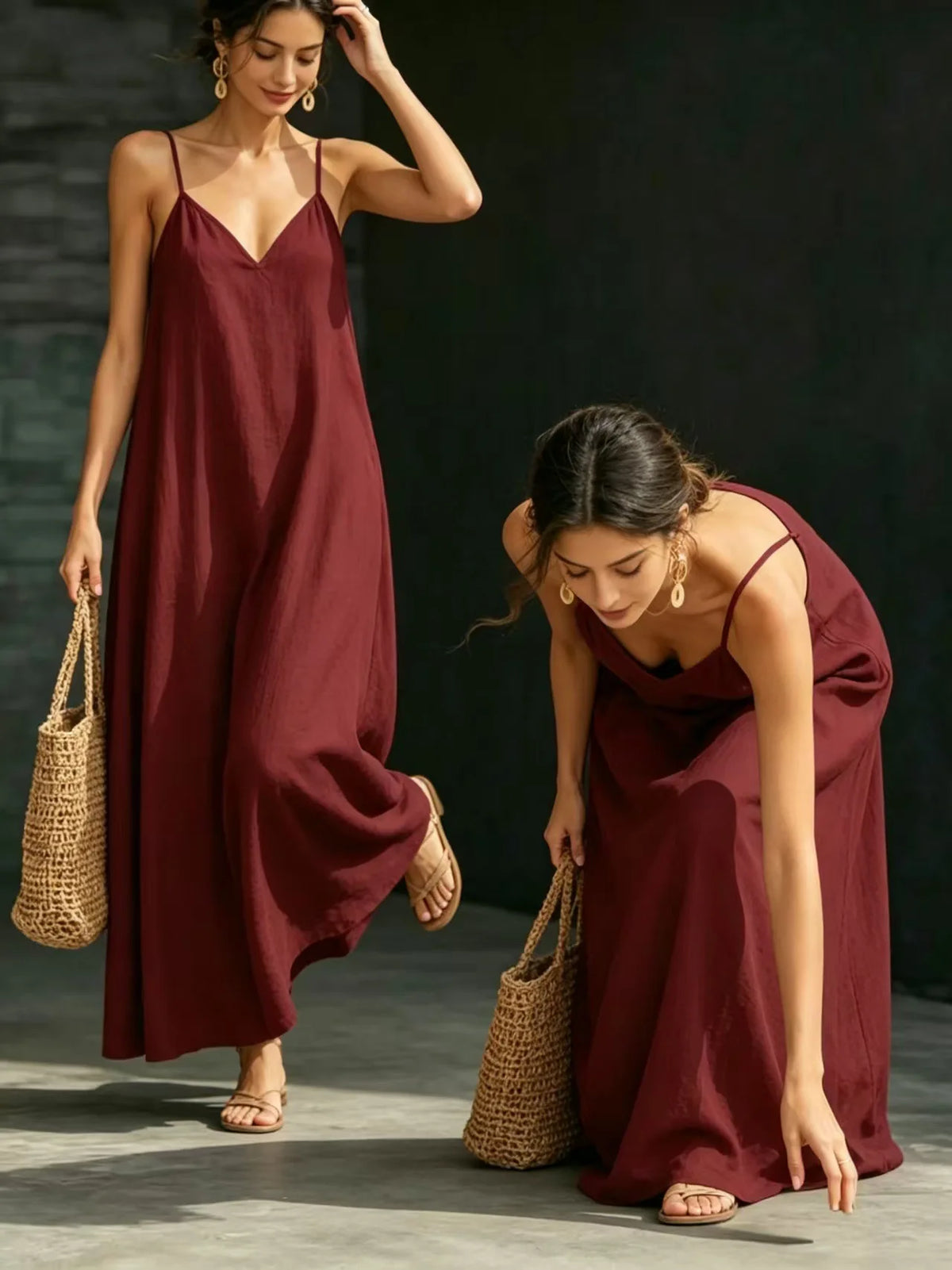 Women Linen Spaghetti Strap Maxi Dress V Neck Loose Swing Long Dress With Pockets Casual Summer Beach Vacation Sundress Ladies