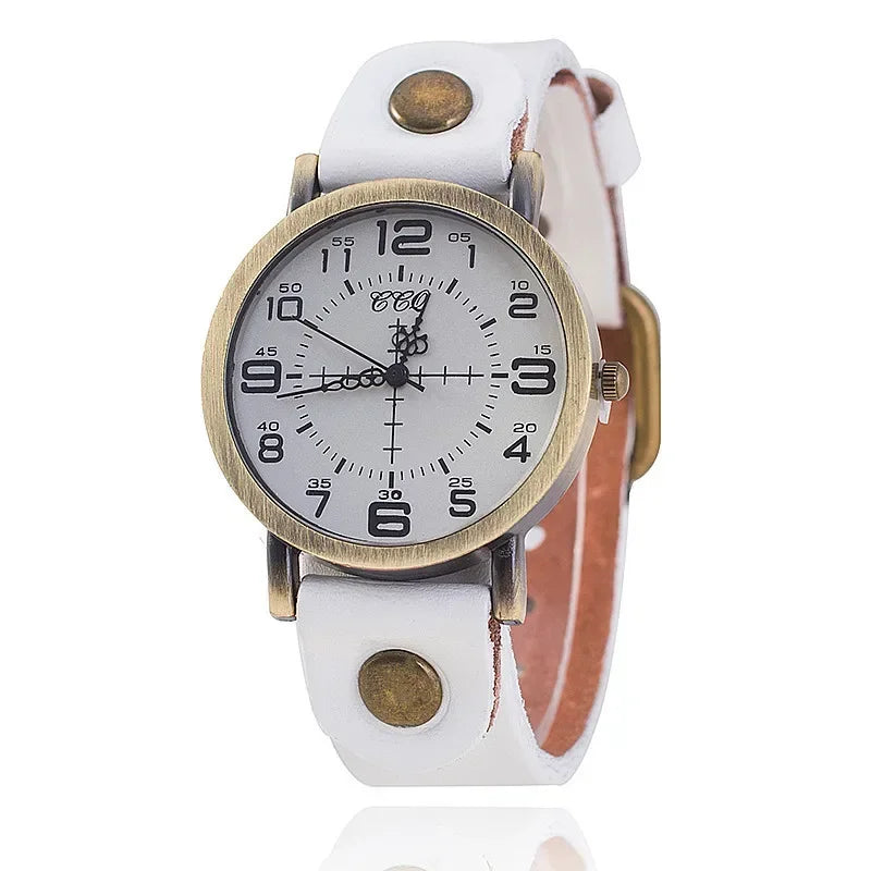 Classic vintage-style unisex watch featuring a genuine leather strap