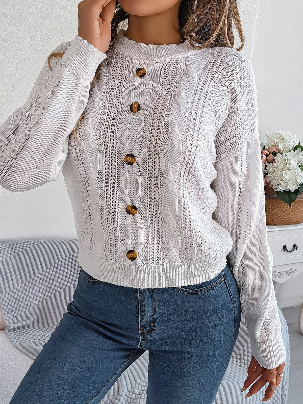 Women's Solid Color Round Neck Buttons Knitted Sweater 2026 Autumn Winter Casual Long Sleeve Pullover White Grey Green Woman Top
