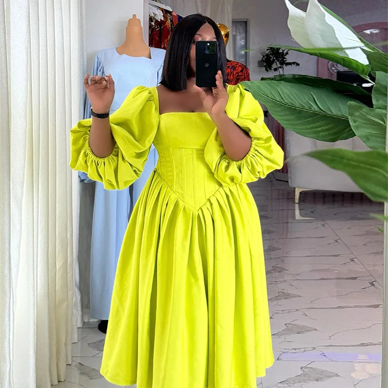 BKLD Elegant Square Collar Lantern Sleeve Solid Color Sexy A-Line Long Dresses Spring Women Club Outfits Birthday Party Vacation