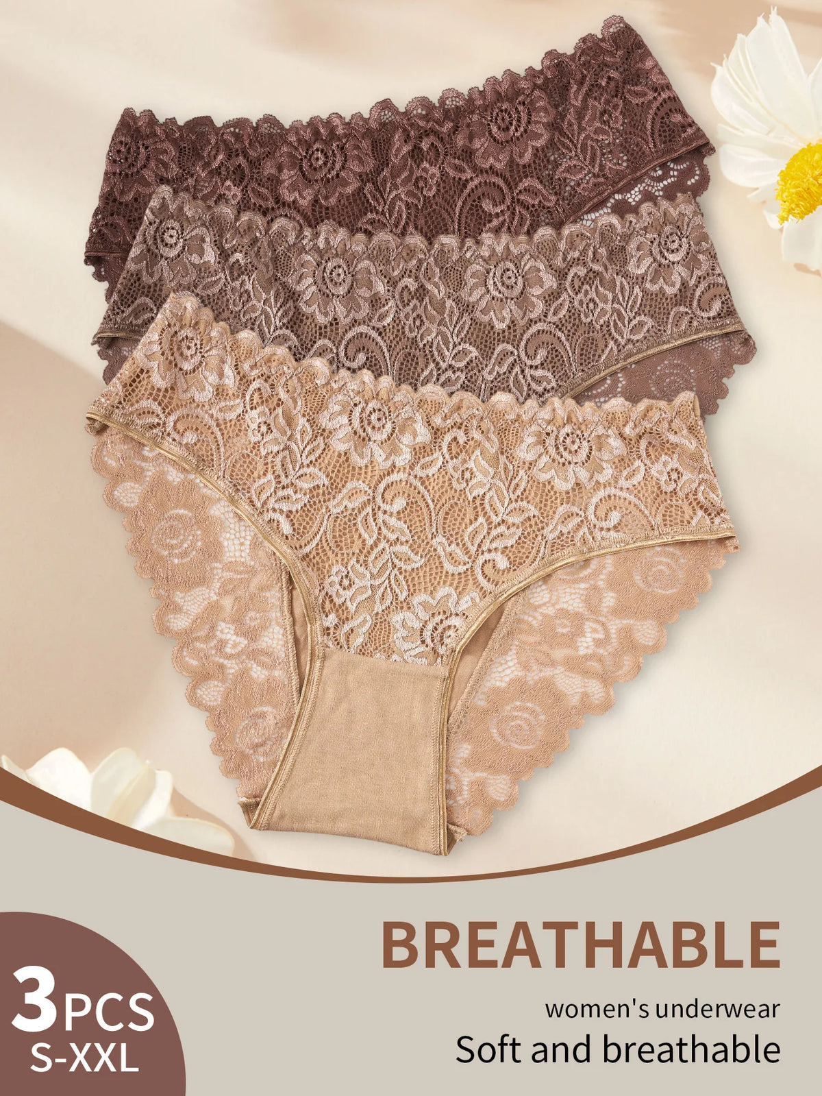 3PCS New Cotton Women's Panties Elegant Lace Floral Design Briefs Comfortable Fabric Solid Color Stylish & Breathable Underwear