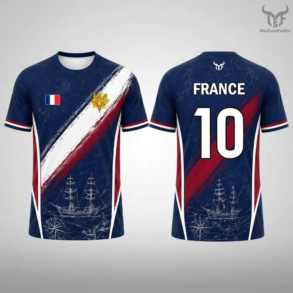 New France Flag Print Soccer Jersey Family Style for Adults Kids Outdoor Casual Breathable Short Sleeve Top for Sports Fitness