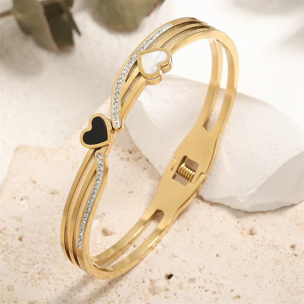 ZAKOL Fashion Black Shell Roman Numeral Titanium Steel Bangle Hollow Circle Button Bracelet Jewelry Gifts for Women