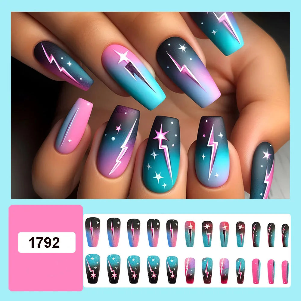 24pcs/set Medium fake nails for women girls gradient green blue cloud star lightning for summer full cover press on false nail