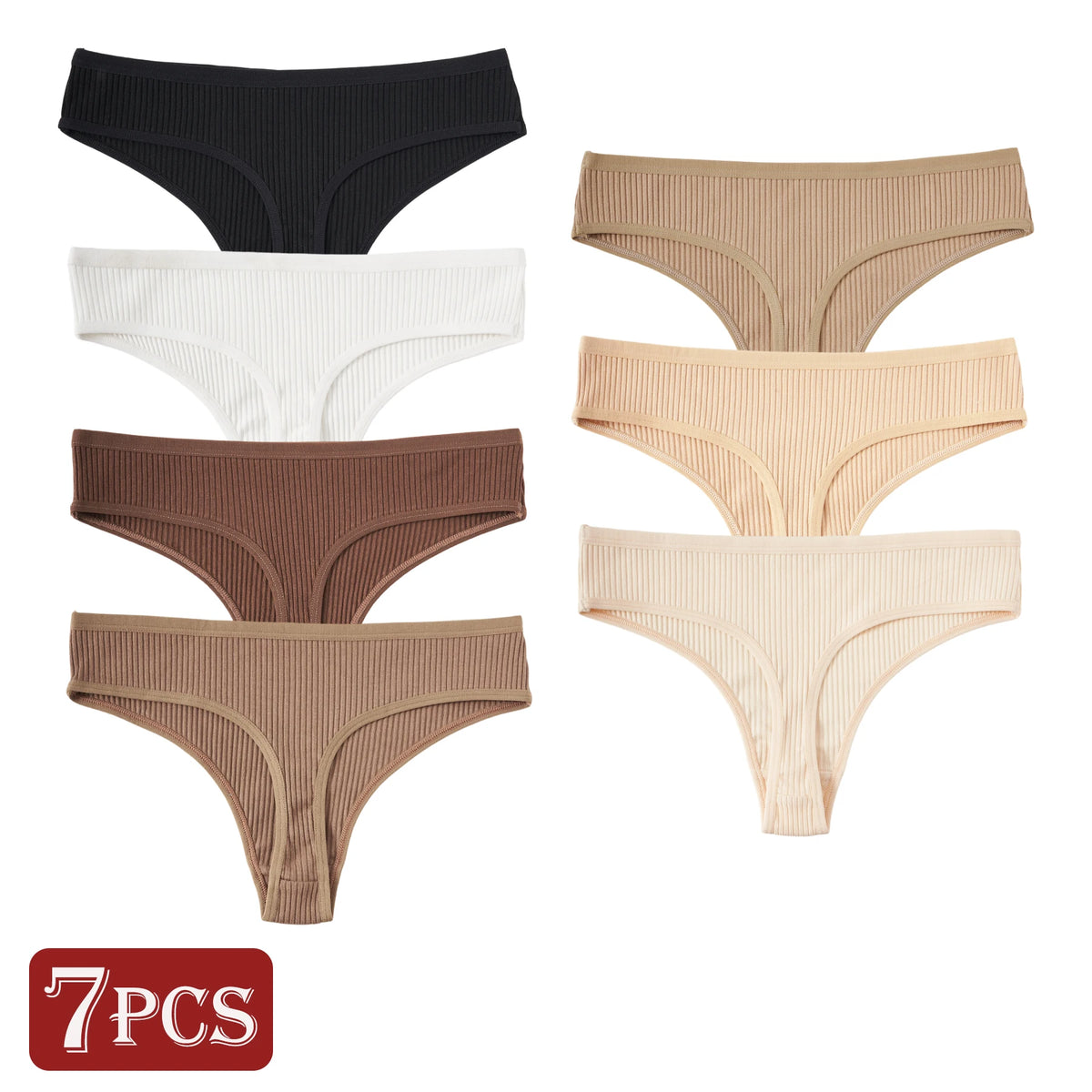 7PCS Women Cotton G-Strings Comfortable Breathable Sexy Low-Rise Panties Girls Solid Color Ribbed Thongs Casual Bikini Lingerie