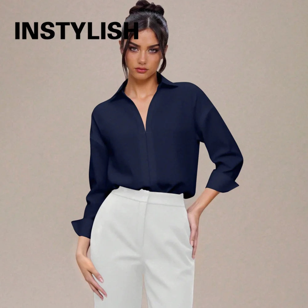 Women Shirt Bodysuit Oversized Boyfriend Half Sleeve Blouse Deep V Collar Bodysuit Shirts Elegant Office Lady Jumpsuit Top