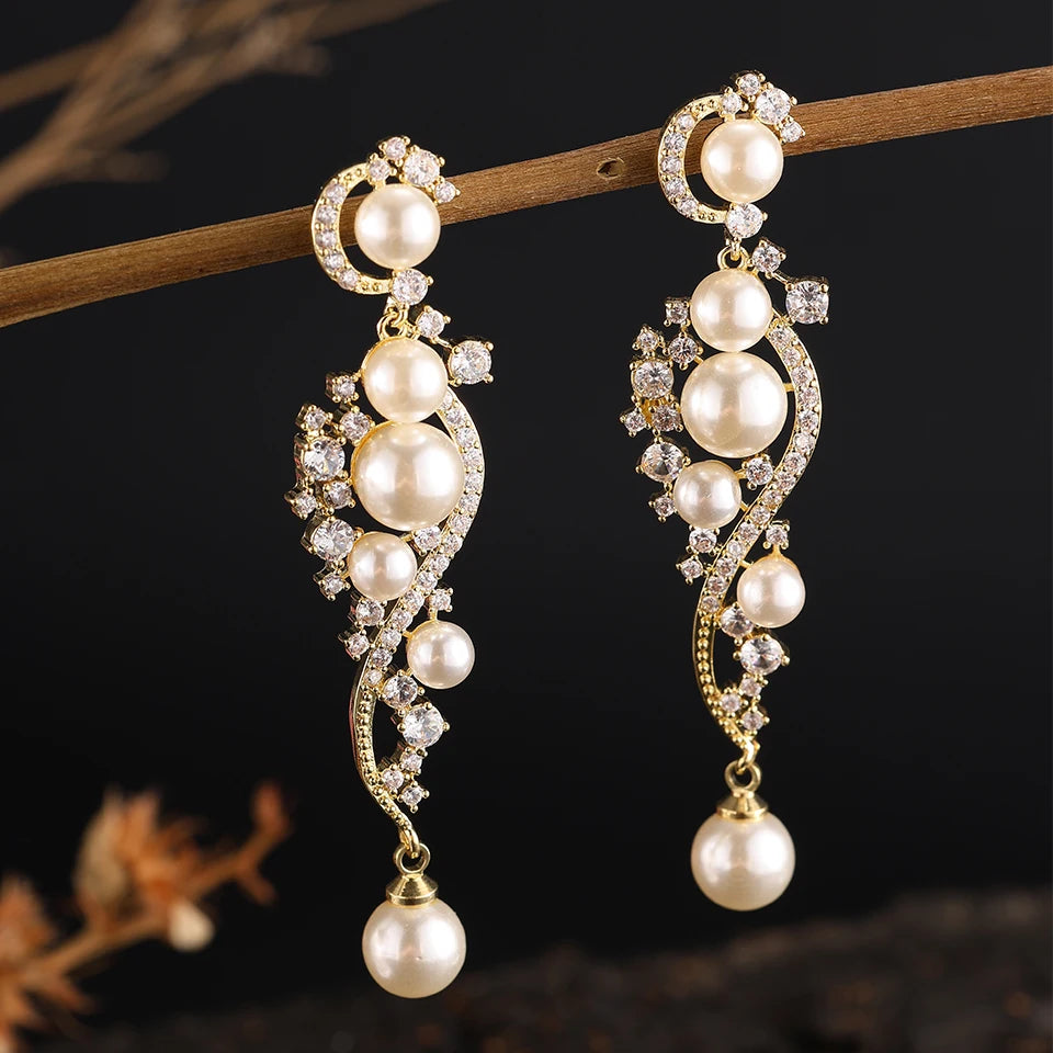 ZAKOL Luxury Shiny AAA Cubic Zirconia Hanging Earrings for Women Imitation Pearl Bridal Long Earring Women's Wedding Jewelry