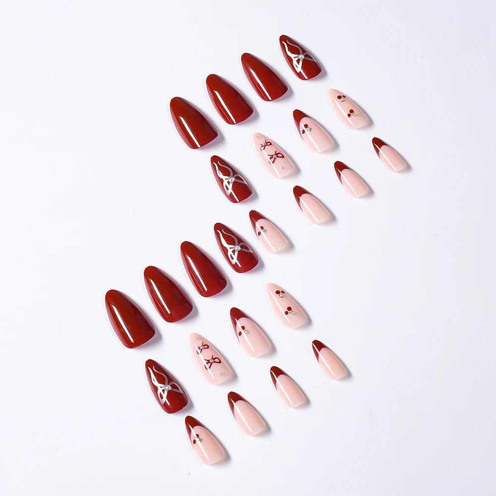 24Pcs Cute Cherry French Almond False Nails with Bow Design Acrylic Wearable Artificial Press on Nails Full Cover Fake Nail Tips
