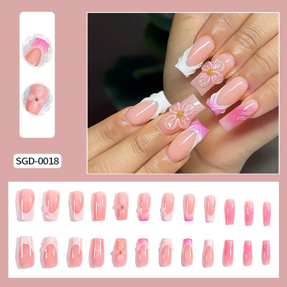 24Pcs White French Press On Nails 3D Bow Design Full Cover Wearable False Nails Short Square Head Ballet Fake Nails For Women