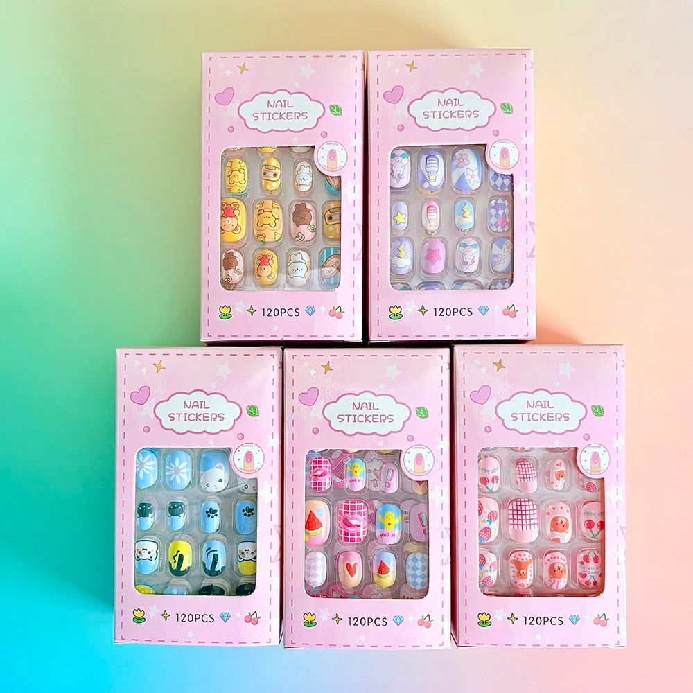 120Pcs Cartoon False Nails for Girls Kawaii Acrylic Short Square Full Cover Fake Nails Tips Kids Press on Nails with Jelly Glue