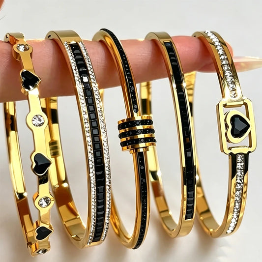 ZAKOL 5/1pcs Buling Black Crystal Zircon Stainless Steel Bracelets Set for Women Trendy Fashion Waterproof Stackable Jewelry