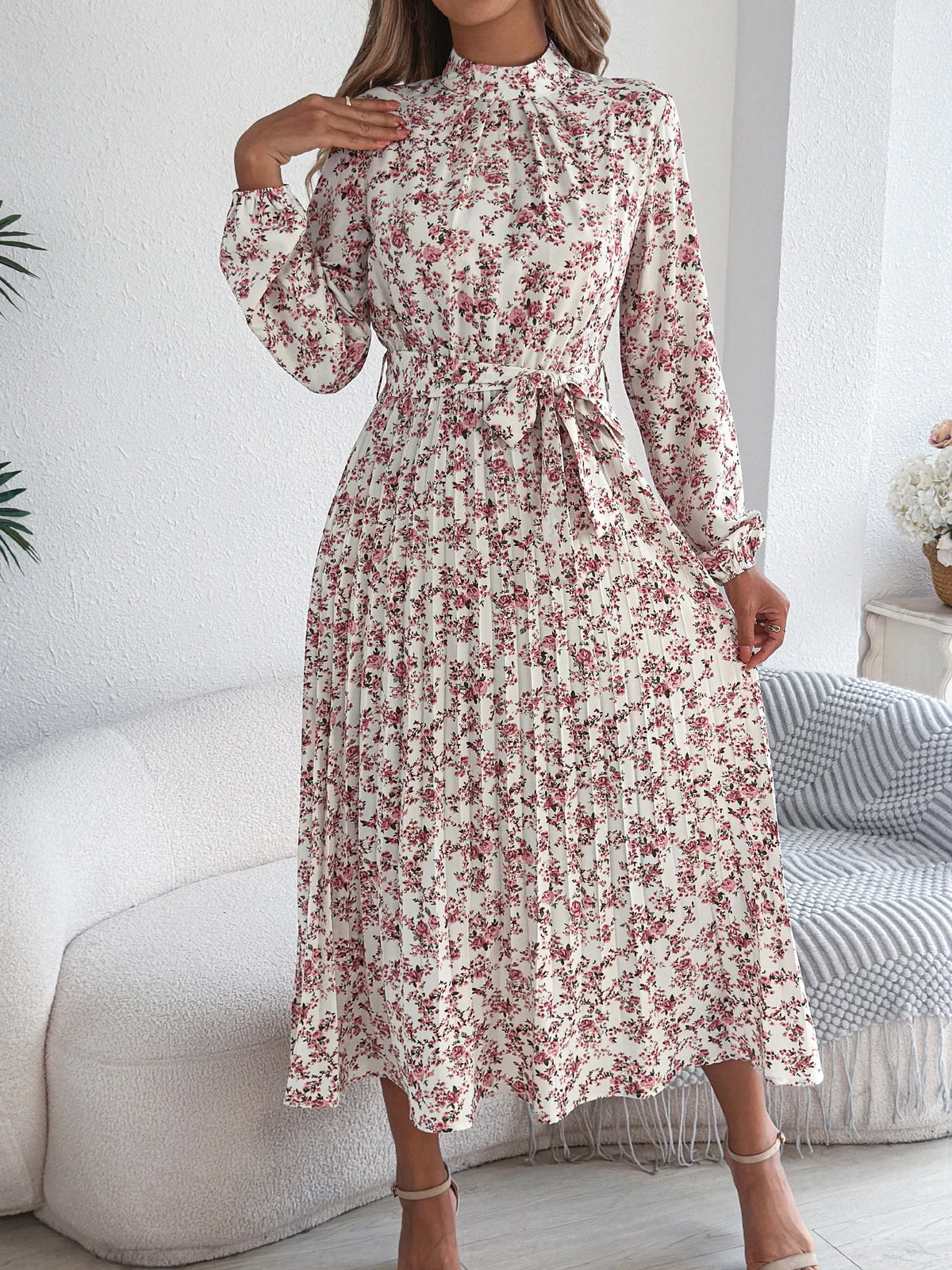 Floral Stand Up Collar Bridesmaid Dress 2026 Spring Autumn Elegant Long Sleeve Waist Cinching Pleated Dresses Woman Clothing