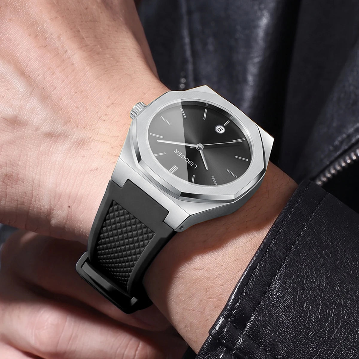 Luxury Silver Men Business Watches Octagonal Case Casual Silicone Strap Date Quartz Wristwatch Relogio Masculino（Without Box）