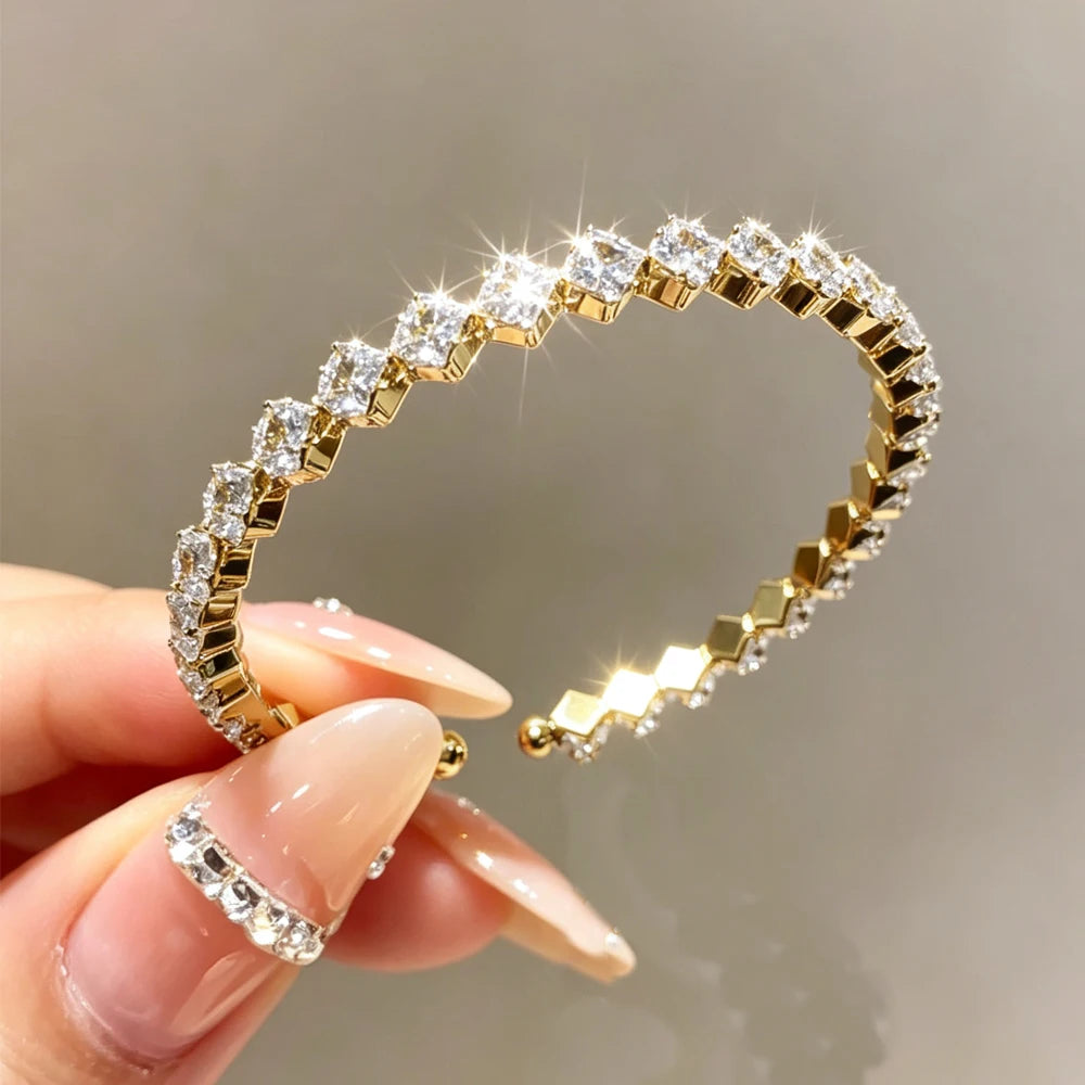ZAKOL 4pcs Golden Bracelets Set Geometric Square Crystal Zirconia Inlaid Copper Stainless Steel Stackable Bangles Luxury Jewelry