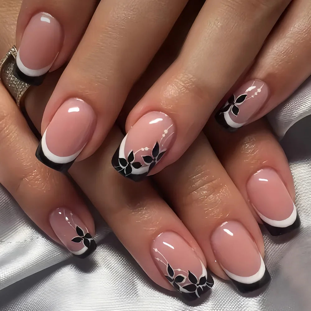24Pcs Solid Black Short False Nails with Rose Pattern Design Ballerina Square Artificial Full Cover Press on Nail Tips for Girls